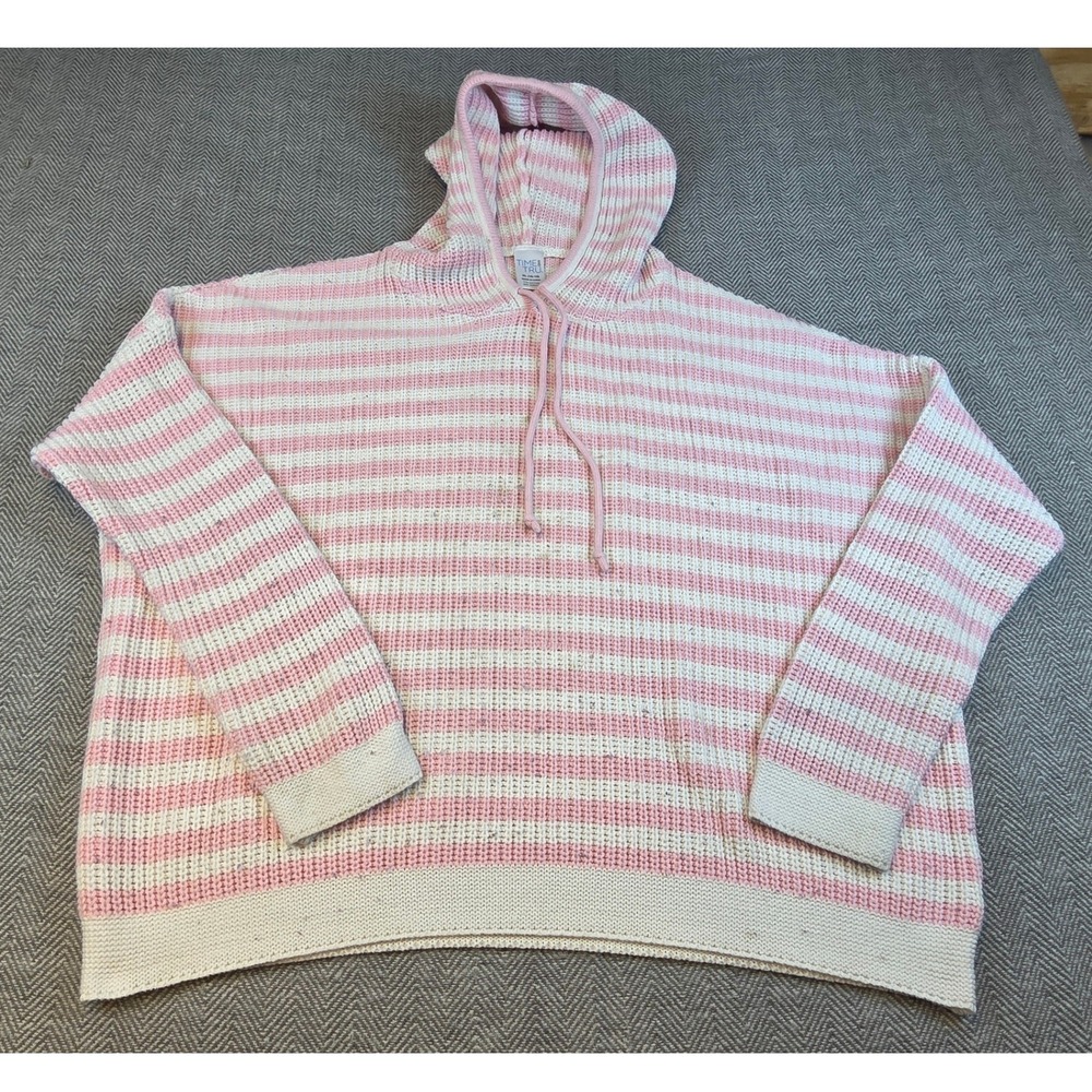 Time and Tru Womens XL Pink Cream Striped Knit Pullover Hoodie Sweater